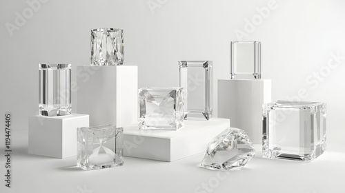 Wallpaper Mural Glass showcases, display, exhibit stand, transparent boxes front view on white wood or plastic base. Crystal block, exhibition or award podium, isolated glossy object, Realistic 3d vector illustration Torontodigital.ca