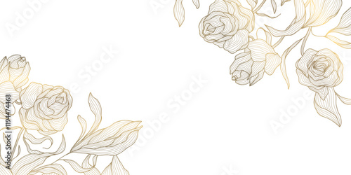 Vector gold on white flowers frame, roses luxury pattern, floral blossom elegant design background, nature botanical banner.