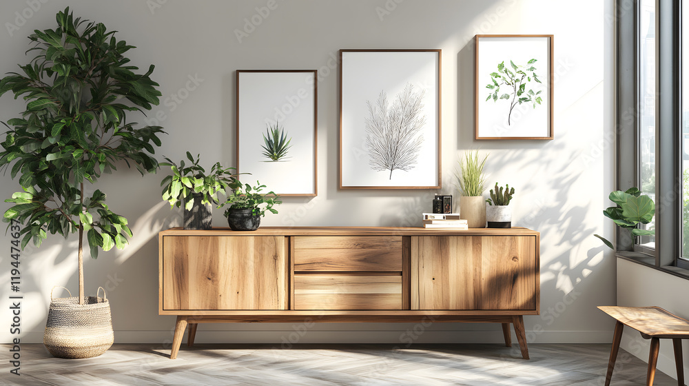 Fototapeta premium Modern console with decorative frames and plants.