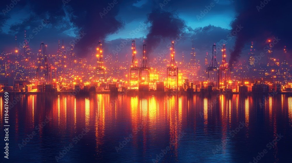 Industrial Port at Night with Vibrant Lights and Reflections in Water Industrial Port at Night with Vibrant Lights and Reflections in Water