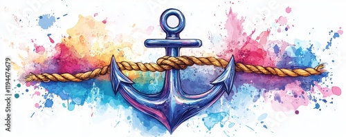 Vibrant watercolor anchor with rope on colorful splash background photo