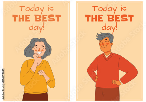 A small set of cards featuring a happy elderly woman and man, with the message Today is the best day ever