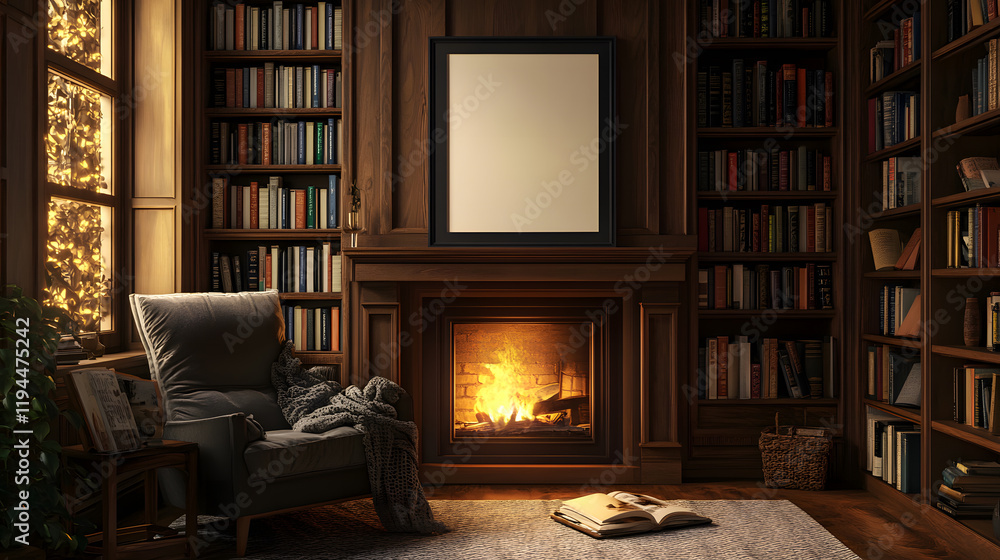 Warm library setting with a cozy fireplace and wooden shelves. Warm library setting with a cozy fireplace and wooden shelves.