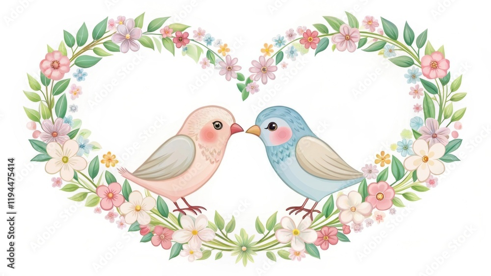 A charming illustration of two colorful birds nestled within a floral heart, symbolizing love and affection. A charming illustration of two colorful birds nestled within a floral heart, symbolizing love and affection.