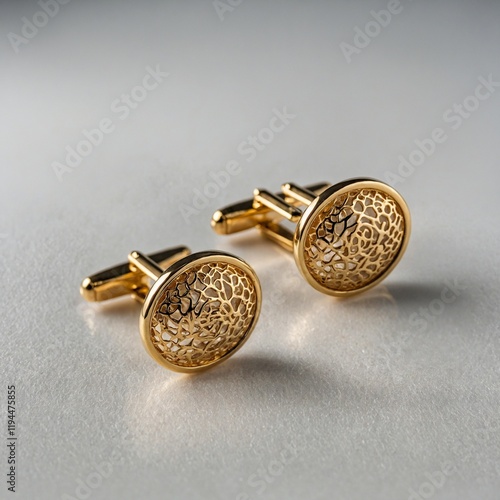 A pair of gold cufflinks on a polished white glass surface.