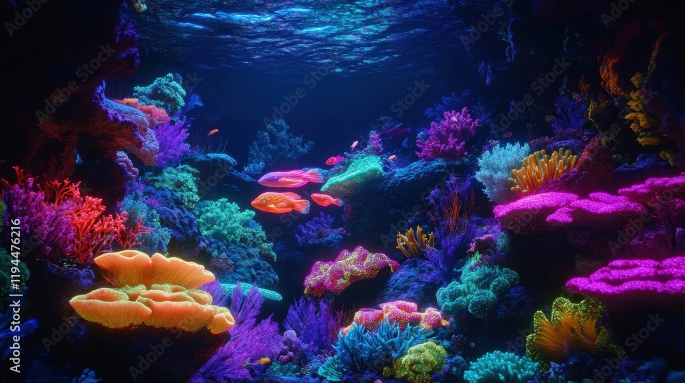 Fototapeta premium An enchanting deep-sea world where every coral, fish, and plant glows in neon colors, illuminating the dark ocean with magical light.