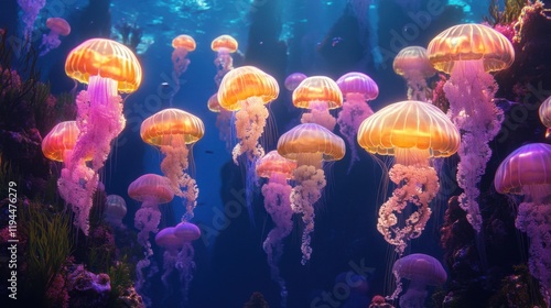 An enchanting underwater kingdom with radiant spires, glowing kelp forests, and vibrant jellyfish floating like lanterns in the dark ocean. photo