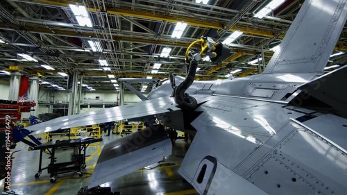 Inside a high-tech aircraft manufacturing facility with engineers assembling advanced jets and working on intricate systems