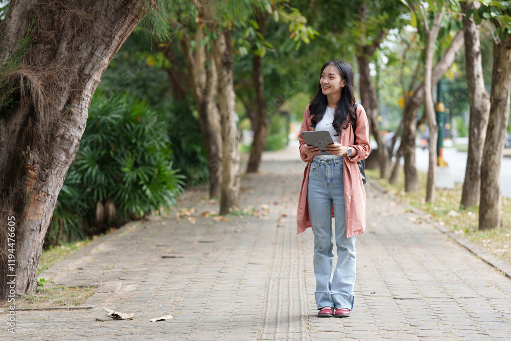 Young asian student or freelancer is walking in a tree-lined street, holding a digital tablet and wearing casual clothing and backpack, enjoying the fresh air and greenery Young asian student or freelancer is walking in a tree-lined street, holding a digital tablet and wearing casual clothing and backpack, enjoying the fresh air and greenery