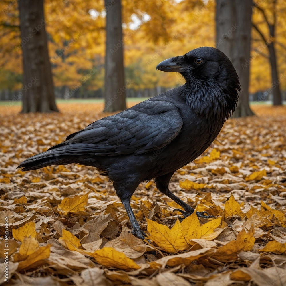 Obraz premium A crow surrounded by golden autumn leaves under soft sunlight. A crow walking through a field of fallen autumn leaves. Crow stands in a field in wild nature.