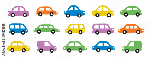 colorful cars set. Cute icons collection hand drawn doodle style for design of children kids room, clothes, fabric