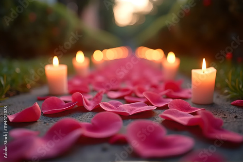 Pathway lined with heart-shaped flower petals in style of high-resolution realistic photograph for romantic background use illuminated by flickering candles, low-angle shot, ample copy space photo