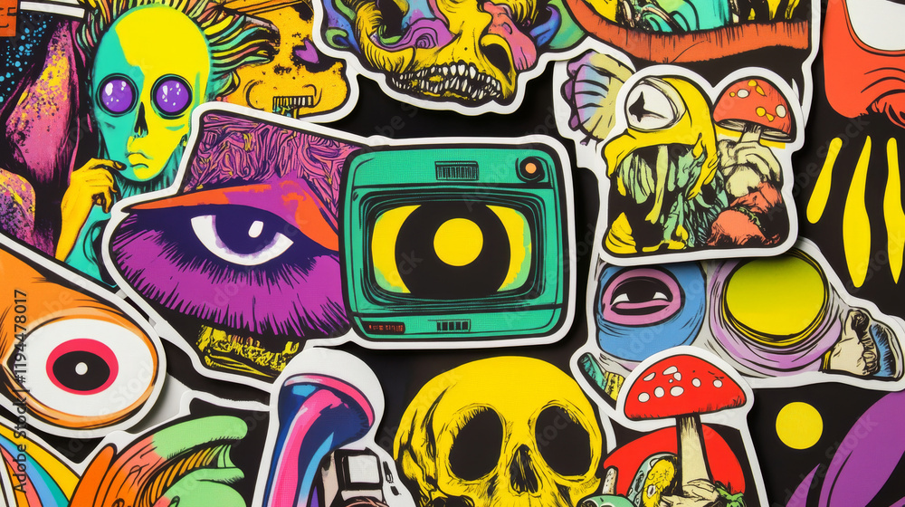 Obraz premium Acid stickers with aliens, mushrooms and tv. Psychedelic, rave design of 60s and 70s. Vector cartoon set of weird and crazy hippie icons eyes, martian head, mouth and drugs