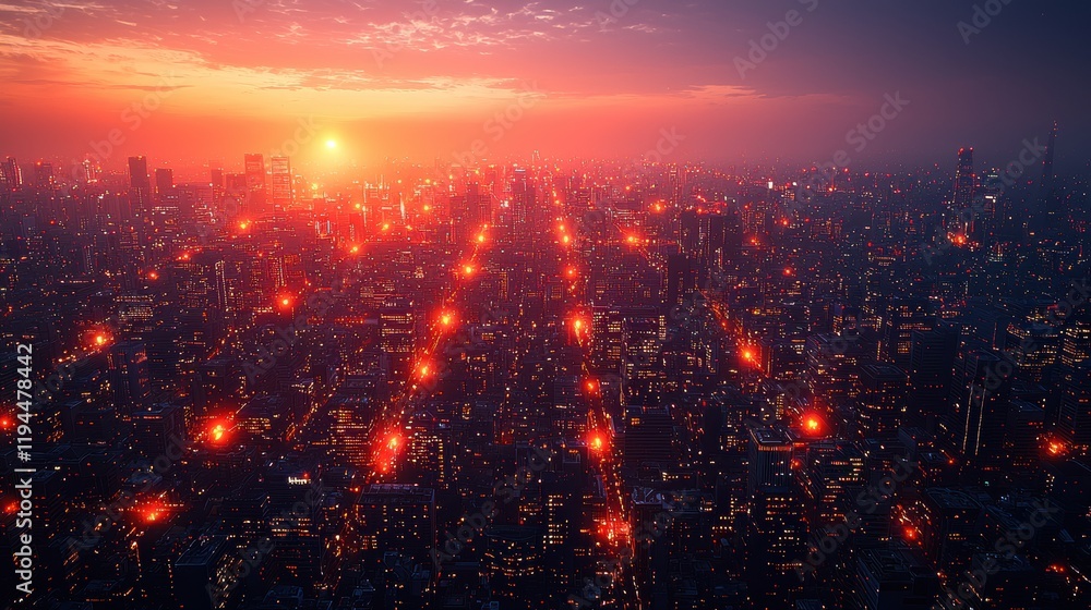 Breathtaking Cityscape View at Sunset with Bright Urban Lights Breathtaking Cityscape View at Sunset with Bright Urban Lights