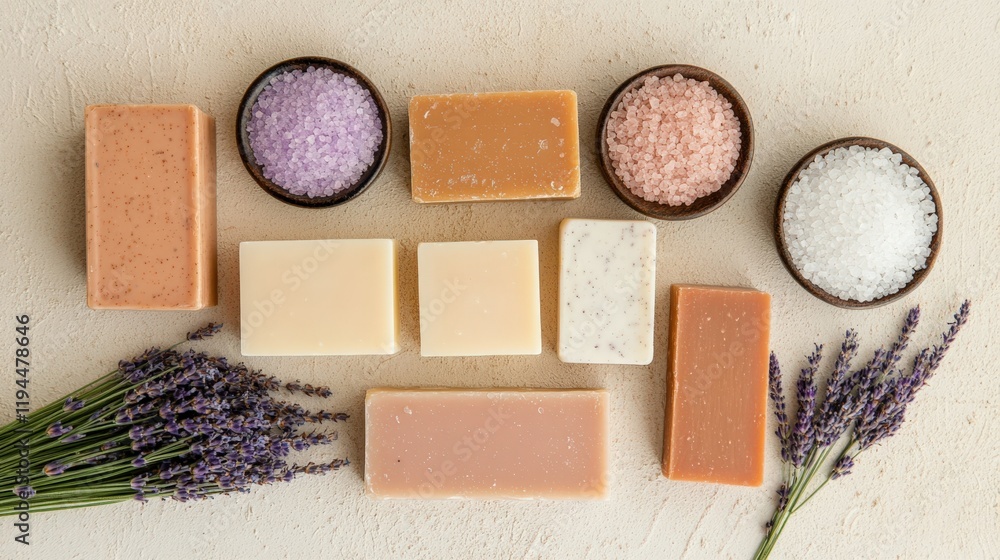 Fototapeta premium Collection of Handmade Soaps and Bath Salts for Relaxation and Self-Care