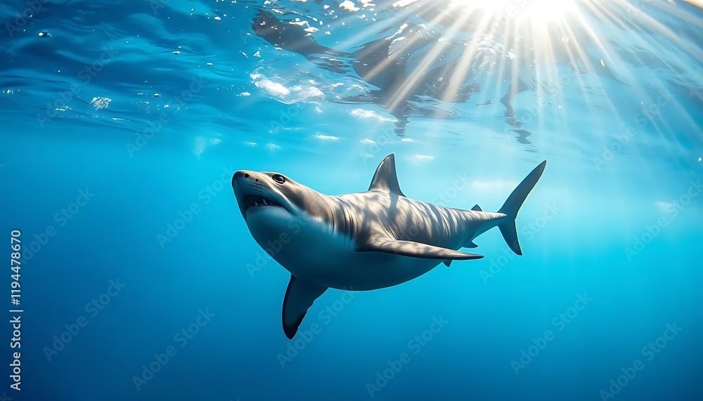 Fototapeta premium Majestic Tiger Shark: Sunlit Underwater Elegance