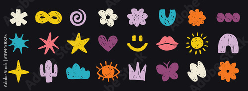 Abstract doodle colorful shapes. Chalk cute various modern kids hand drawn elements set. hearts, clouds, stars, flowers, eye, star stickers
