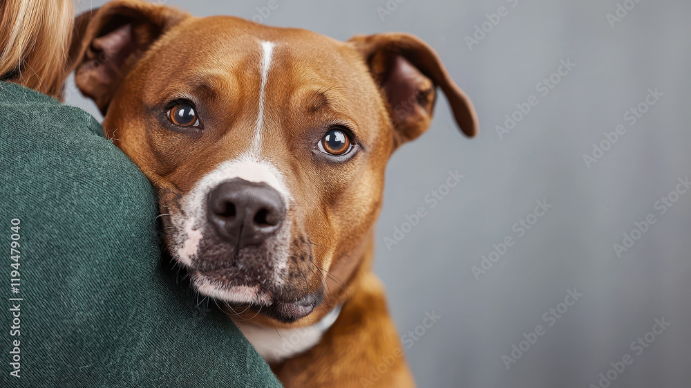 Emotional adoption moment featuring spayed rescue dog in warm embrace, World spay day concept Emotional adoption moment featuring spayed rescue dog in warm embrace, World spay day concept