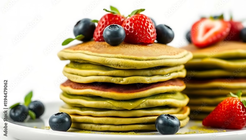 Matcha Pancakes: A Delightful Stack of Green Pancakes Topped with Berries Matcha Pancakes: A Delightful Stack of Green Pancakes Topped with Berries