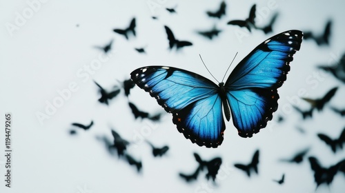 A dazzling blue butterfly fluttering gracefully, surrounded by a cloud of black moths watching its every move, symbolizing beauty in difference. photo