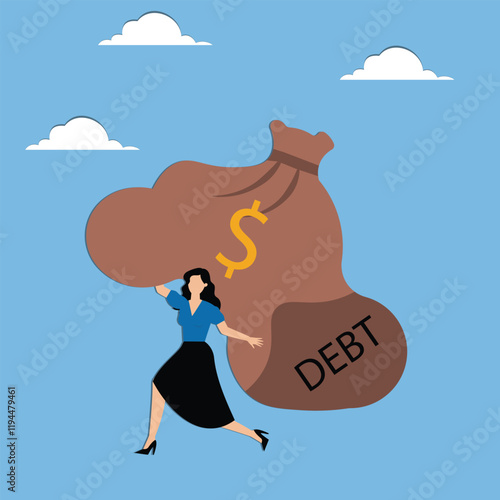 Debt burden, overloaded debt stress or financial problems, businesswomen walking slowly with huge bags of debt money on their shoulders