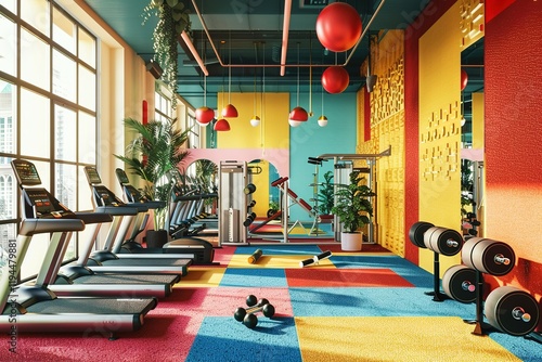 modern conceptual Luxury Contemporary stylish Gym with bold colors and geometric patterns contemporary bright stylish interior . 3D rendering photo