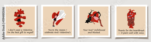 Set of Valentine's day cards. Girls with a broken heart. Anti Valentine's day concept. Sarcastic captions