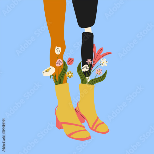 Female leg, including a prosthetic leg, styled in boots with floral details and high socks, showcasing cool and trendy footwear	