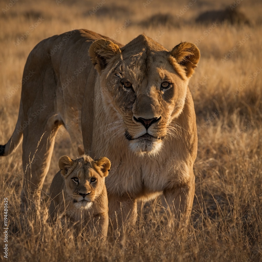 Lion. Lion in Botswana National Park reserve. lioness and cub.Lion Family in Savanna: Majestic Wildlife Moments.