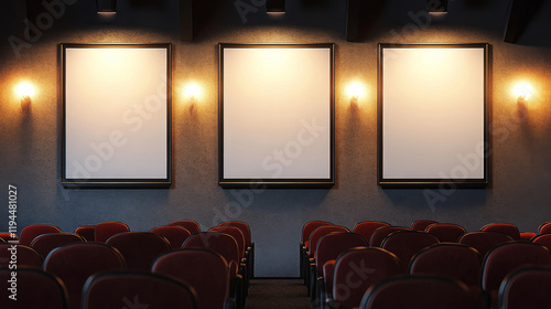 Blank movie posters illuminated by spotlights. Vector realistic mockup of white picture frames on gray tiled wall in cinema, theater or gallery. Empty advertising banners with black border and lamps