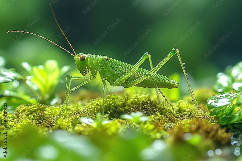 Green Grasshopper on Mossy Surface in Nature
Green Grasshopper on Mossy Surface in Nature