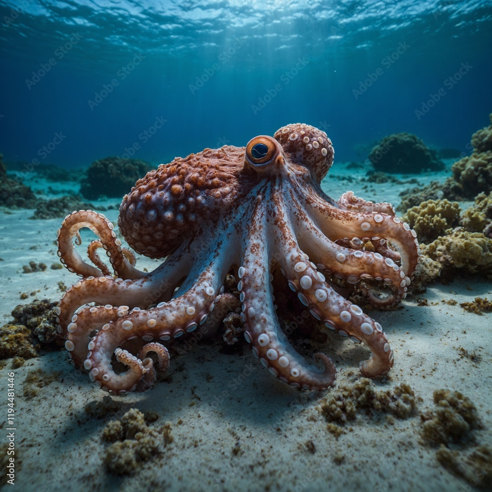 Fototapeta premium A wise old octopus sharing its knowledge and wisdom with a group of young octopuses, teaching them the importance of patience, perseverance, and adaptability.An octopus changing color to blend.