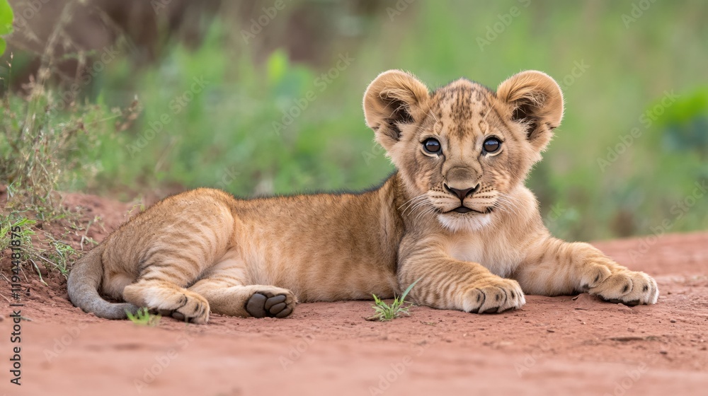 Obraz premium Adorable Lion Cub Resting on Red Earth in African Savanna