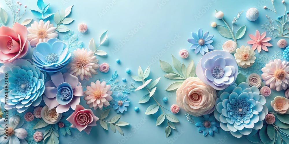 Delicate Paper Flowers in Soft Blue and Pink Hues, Arranged in a Symmetrical Composition, Creating a Romantic and Elegant Design Delicate Paper Flowers in Soft Blue and Pink Hues, Arranged in a Symmetrical Composition, Creating a Romantic and Elegant Design