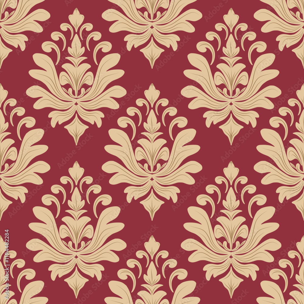 Fototapeta premium Damask seamless pattern with flowers, red and light brown, vector illustration elegant for textile design, decoration, interior, wall paper, curtain, bedding, cushion cover, upholstery fabric