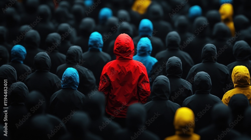 Obraz premium A lively person in vivid hues of red, yellow, and blue, standing out against a background of people dressed in uniform black, with all eyes on them.