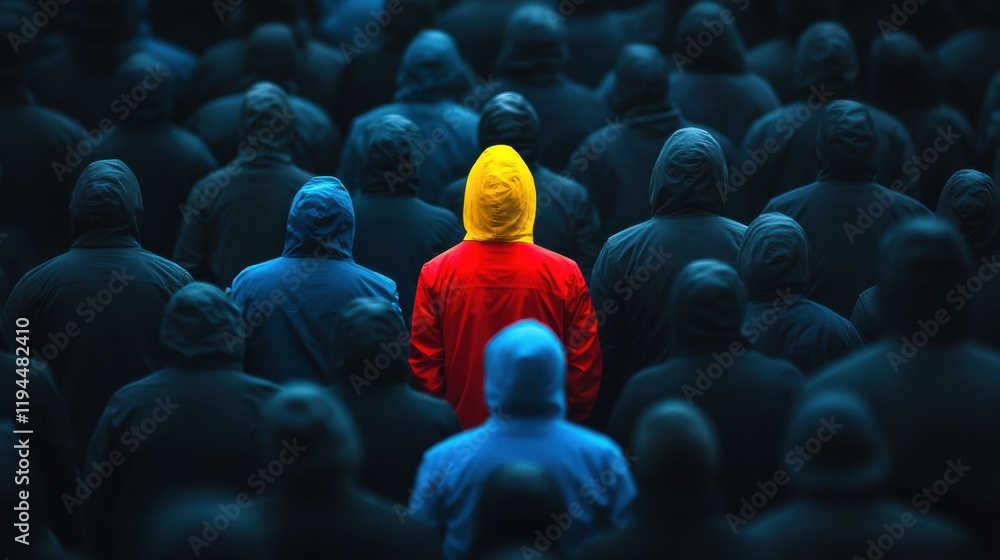 Fototapeta premium A lively person in vivid hues of red, yellow, and blue, standing out against a background of people dressed in uniform black, with all eyes on them.