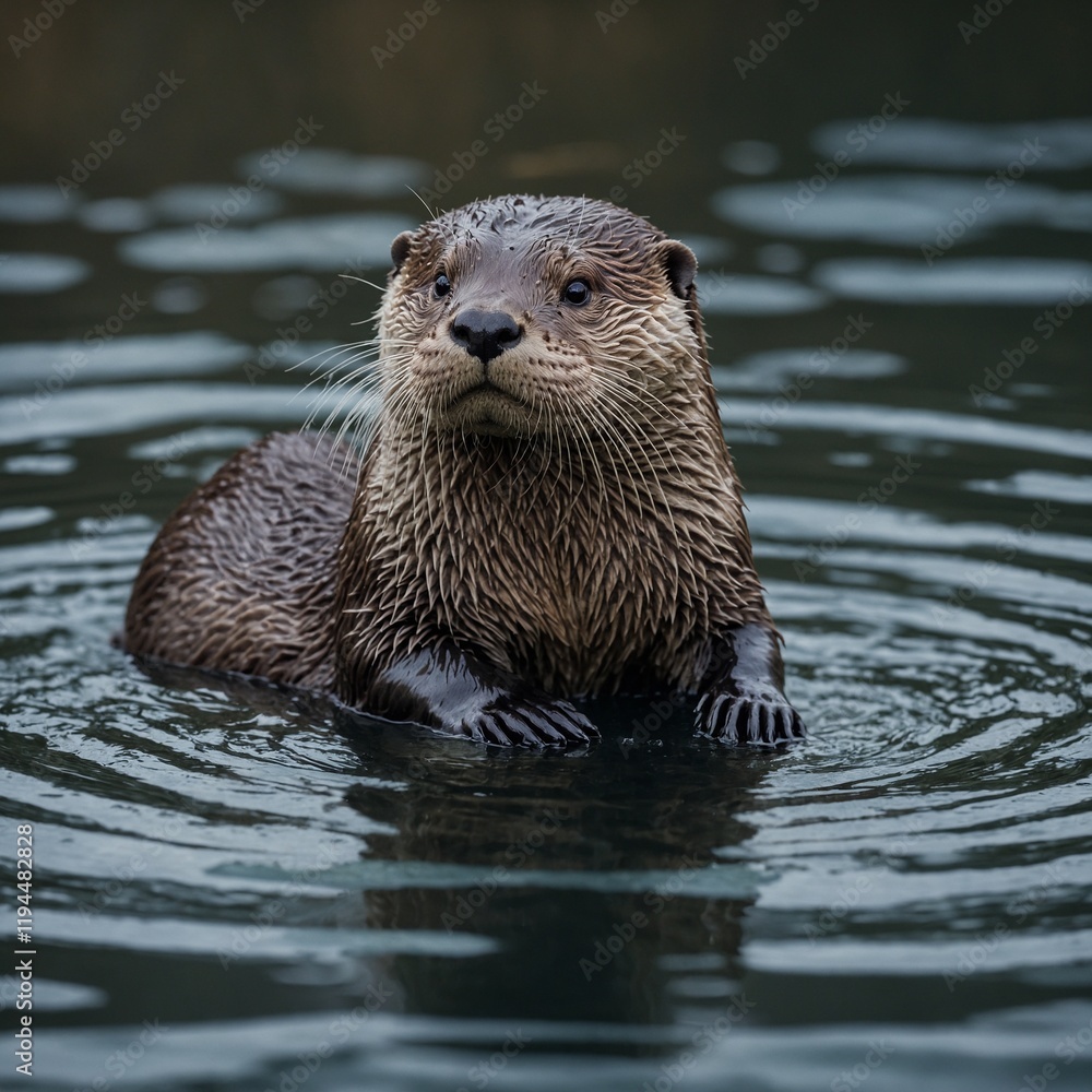 A playful otter swimming and playing in a river. An otter floating on its back in a calm lake, holding a stone. Beautiful photos by AI technology.