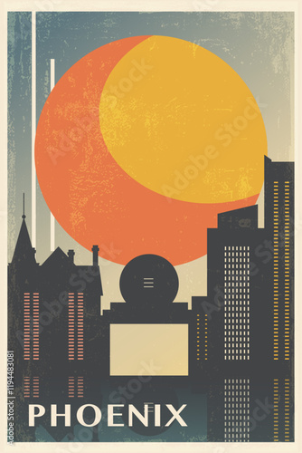 Phoenix retro city poster with abstract shapes of skyline, buildings. USA, Arizona state vintage travel vector illustration, cityscape at sunrise, sunset