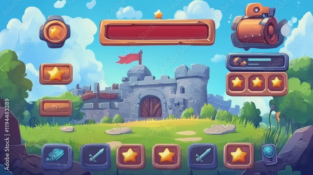 Obraz premium Game interface, popup menu, win and lose windows. Cartoon user ui panel with options, buttons, weapon shop, gui elements, player rate stars, score, asset board, player profile 2d vector graphic design