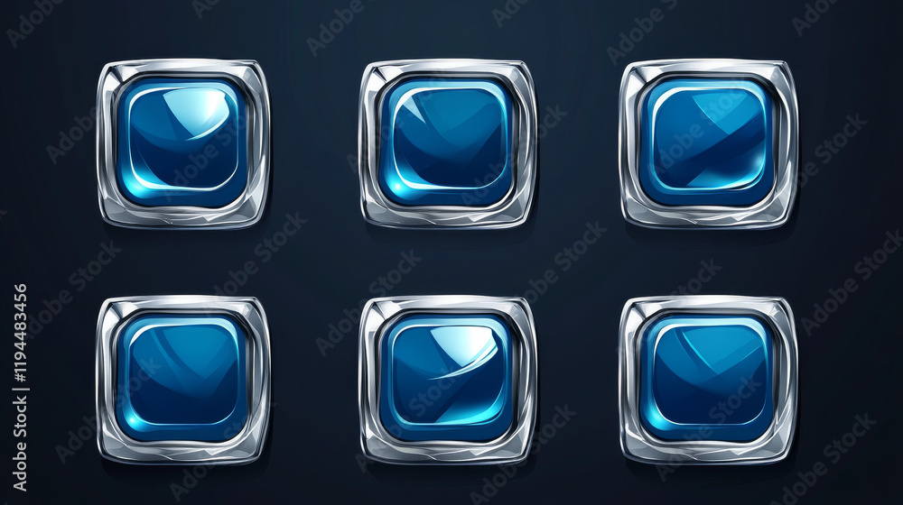 Blue buttons with silver decorative frames for rpg game interface. Vector cartoon set of square award badges, glossy achievement labels with fantasy metal borders isolated on background Blue buttons with silver decorative frames for rpg game interface. Vector cartoon set of square award badges, glossy achievement labels with fantasy metal borders isolated on background