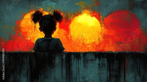 Silhouette of a Young Girl Gazing at a Vivid Sunset in a Colorful Abstract Background Evoking Feelings of Wonder and Reflection