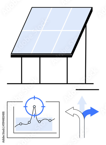 Solar panel generating energy, analytics chart for performance tracking, arrows symbolizing decision-making paths. Ideal for renewable energy, data analysis, sustainability, efficiency, innovation