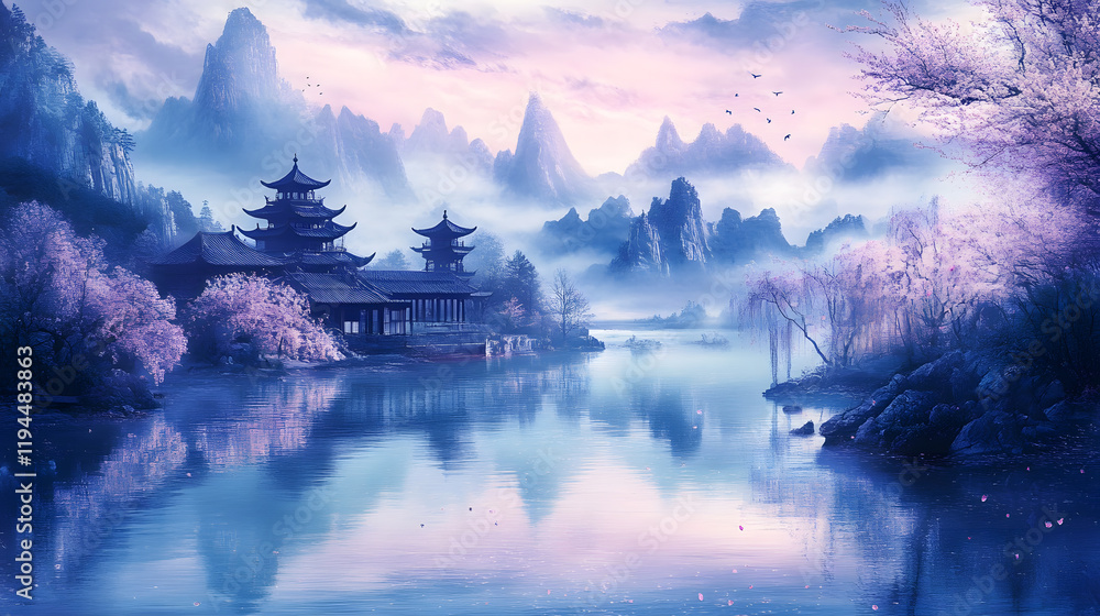 Fototapeta premium Beautiful lakeside landscape featuring a pagoda and soft mist.