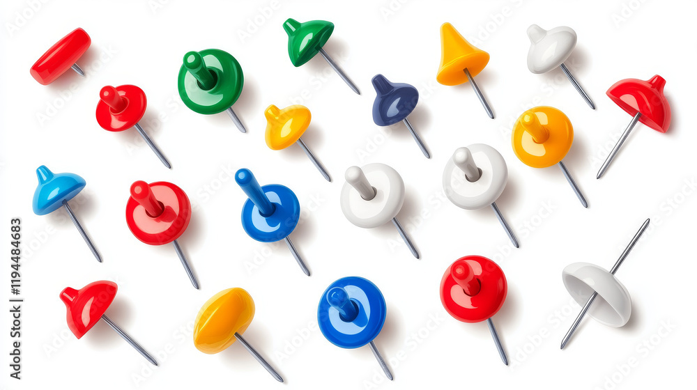 Push pins, yellow pushpin and thumbtacks in different positions. Isolated stationery items, plastic paperwork accessories. Collection of needles for notes or schedule board Realistic 3d vector set Push pins, yellow pushpin and thumbtacks in different positions. Isolated stationery items, plastic paperwork accessories. Collection of needles for notes or schedule board Realistic 3d vector set