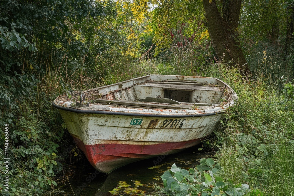 An old, abandoned white and red boat sits partially submerged in an overgrown area near a riverbank. An old, abandoned white and red boat sits partially submerged in an overgrown area near a riverbank.