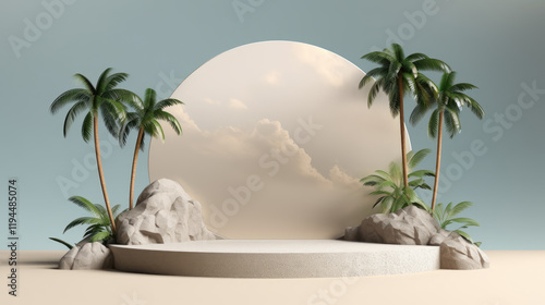 Serene Tropical Beach Scene with Minimalist Geometric Display