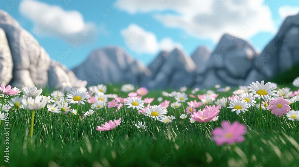 Obraz premium A panoramic view of a mountain meadow in spring, carpeted with wildflowers of various colors, showcasing the beauty and serenity of natural landscapes.