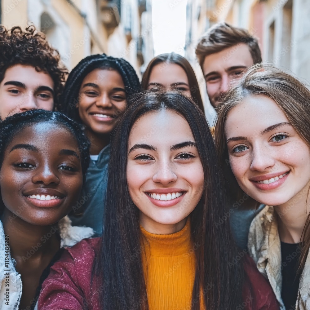 Diverse Group of Happy Young Friends Smiling Close Up City Street Diverse Group of Happy Young Friends Smiling Close Up City Street