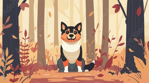 Adorable Dog Sitting in Forest Poses for Camera photo